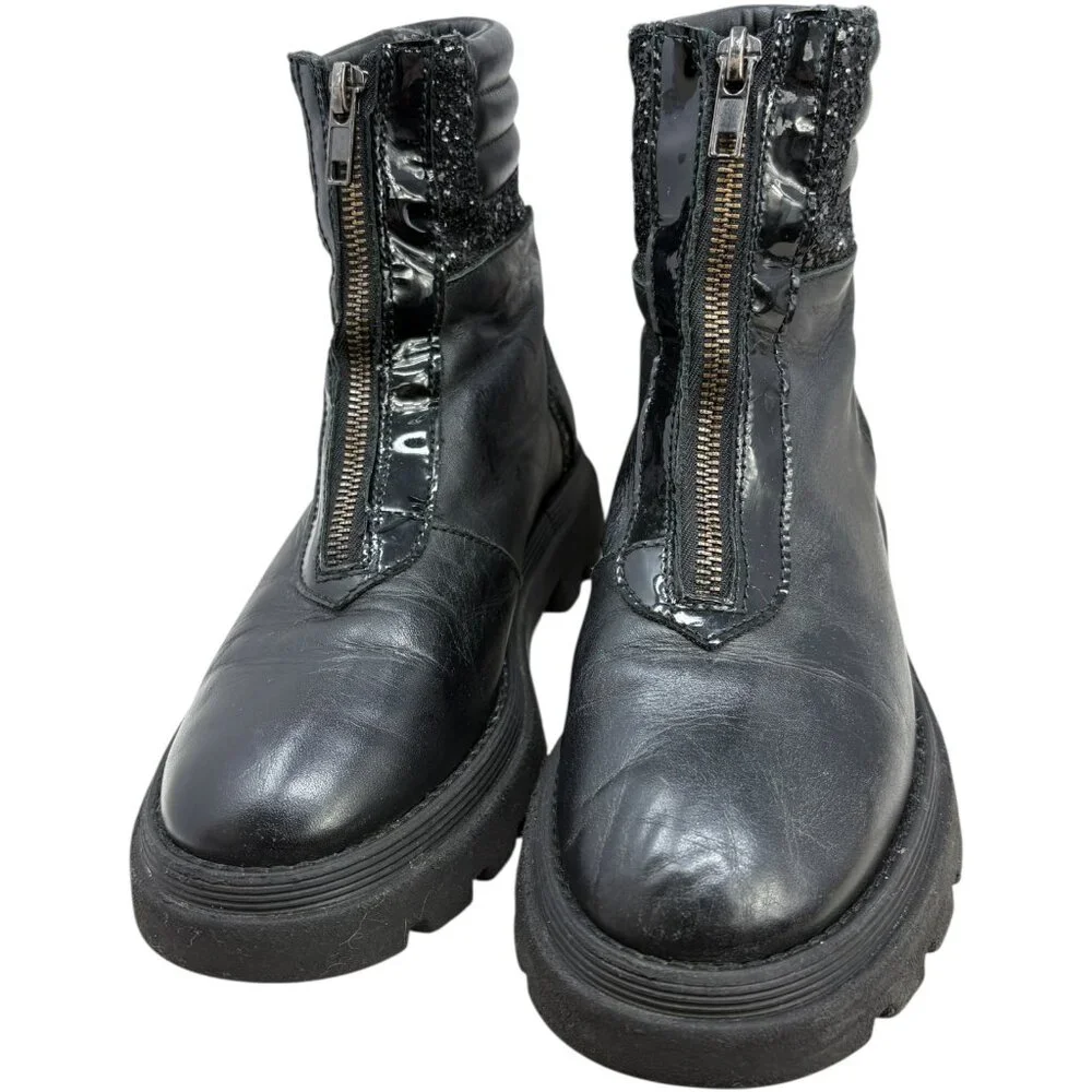 MANUELA Black‎ Leather Front Zip Big Girl Ankle Booties